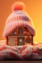 A toy house in the snow in winter is covered with a hat. The concept of keeping warm