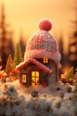 A toy house in the snow in winter is covered with a hat. The concept of keeping warm