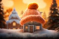 A toy house in the snow in winter is covered with a hat. The concept of keeping warm