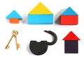 Toy houses, two golden keys and padlock, on white background Royalty Free Stock Photo