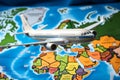 A toy jet embarks on a whimsical journey across a vivid world map