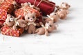 Toy knitted bear with gigt box on table Royalty Free Stock Photo