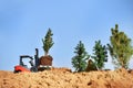 A toy loader loads and plants small coniferous trees in the ground. Royalty Free Stock Photo