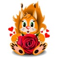 Toy loving squirrel realistic red rose