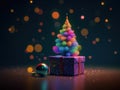 Toy mini Christmas tree and gift box, neon lighting, bokeh background