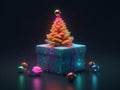 Toy mini Christmas tree and gift box, neon lighting, bokeh background