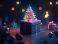 Toy mini Christmas tree and gift box, neon lighting, bokeh background