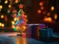 Toy mini Christmas tree and gift box, neon lighting, bokeh background