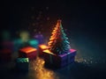 Toy mini Christmas tree and gift box, neon lighting, bokeh background