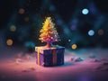 Toy mini Christmas tree and gift box, neon lighting, bokeh background