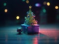 Toy mini Christmas tree and gift box, neon lighting, bokeh background
