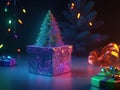 Toy mini Christmas tree and gift box, neon lighting, bokeh background