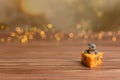A toy mouse sits in cheese on a wooden starry background, a symbol of 2020. Royalty Free Stock Photo