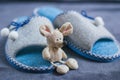 A toy mouse sits on slippers with pompons standing on a fluffy carpet. Home women`s or children`s clothing and shoes.