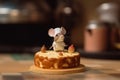 A toy mouse sitting on top of a piece of cake. AI generative image.