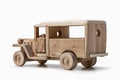 Toy old bus made of natural wood, rear view. Royalty Free Stock Photo