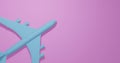 Toy passenger jet aircraft of blue color. Airplane from plastic with copy space on a pink background. 3d illustration