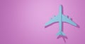Toy passenger jet aircraft of blue color. Airplane from plastic with copy space on a pink background. 3d illustration