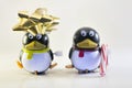 Toy Penguins with Holiday Bow and Candy Cane Royalty Free Stock Photo