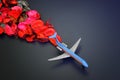 Toy plane with bright red flower petals on a dark blue background. Toy concept plane crash and fire. The concept of aerophobia and Royalty Free Stock Photo