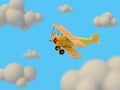 Toy plane flies among the cartoon clouds against the sky. Bright children\'s illustration. 3D rendering Royalty Free Stock Photo