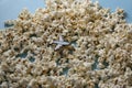 A toy plane over popcorn clouds and blue sky