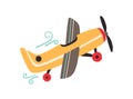 Toy plane with propeller isolated on white background. Side view of flying old airplane. Hand-drawn colored flat vector Royalty Free Stock Photo