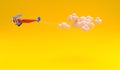 Toy plane towing clouds on yellow room background. minimal cloud shapes. minimal idea concept. 3D render.