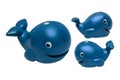 Toy plastic blue whale three angles isolated