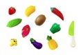 Toy plastic fruits and vegetable collection set isolated on white background. Plastic fruit for the game. Playing at the kids Royalty Free Stock Photo