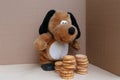 Toy plush dog and small cookies in front of it are stacked