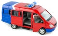 Toy police van with opened door side view. Children`s toy plastic police car with isolated on white background Royalty Free Stock Photo