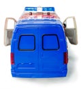 Toy police van with opened doors back view. Children`s toy plastic police car with isolated on white background Royalty Free Stock Photo
