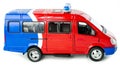Toy police van side view. Children`s toy plastic police car with isolated on white background Royalty Free Stock Photo