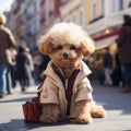 Toy poodle cute animal, dog portrait, street background - Generative AI