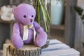 Toy purple Teddy bear sitting on a wooden box Royalty Free Stock Photo