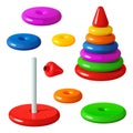 The toy is a pyramid made of smooth plastic rings, strung on a rod, with a red cone at the top. Assembled and disassembled.