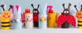 Toy rabbit, chicken, egg from toilet tube roll for easter kids holiday decor. A terrible craft. School and kindergarten. Handcraft Royalty Free Stock Photo