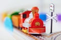 Toy railway - red engine closeup Royalty Free Stock Photo