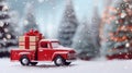 Toy red car carries Christmas gift box through snow