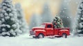 Toy red car carries Christmas tree through snow