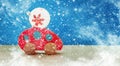 Toy red wooden car carries a Christmas ball. Merry Christmas and New Year holiday background Royalty Free Stock Photo