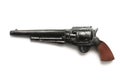 A toy replica of an old western cowboy Colt Winchester style black revolver with brown wood handle