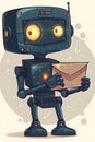 A robot toy holding an envelope in a cartoon illustration