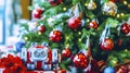 Toy robot infront of a christmas tree Royalty Free Stock Photo