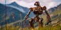 A toy robot standing in a field of grass. Generative AI image. Royalty Free Stock Photo