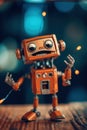 A toy robot is standing on a table. Generative AI image. Royalty Free Stock Photo