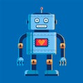 Toy robot stands and looks at us. on the chest screen with a heart. character vector illustration on blue background. Royalty Free Stock Photo