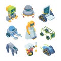 Toy robots helpers isometric set.. Miniature paintwork on wheels futuristic devices with artificial intelligence