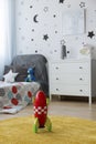 Toy rocket in child`s bedroom Royalty Free Stock Photo